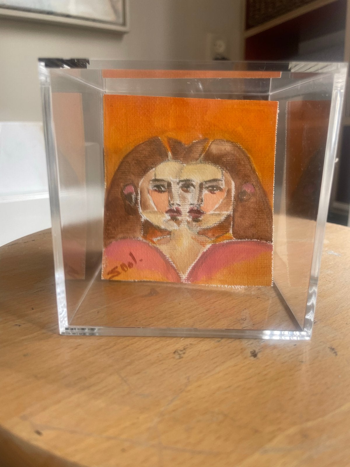 Dubbel Portret Mini Kunstwerk in Plexiglas Kubus, Ophalen of Verzenden