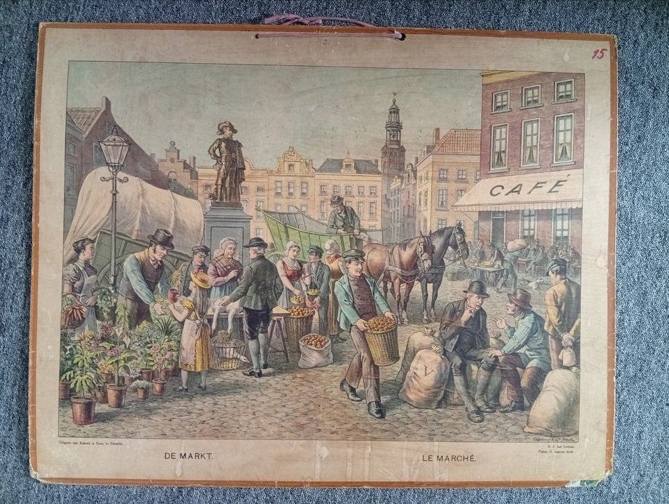 Schoolplaat de markt, Antiek en Kunst, Antiek | Schoolplaten, Ophalen of Verzenden, Geschiedenis