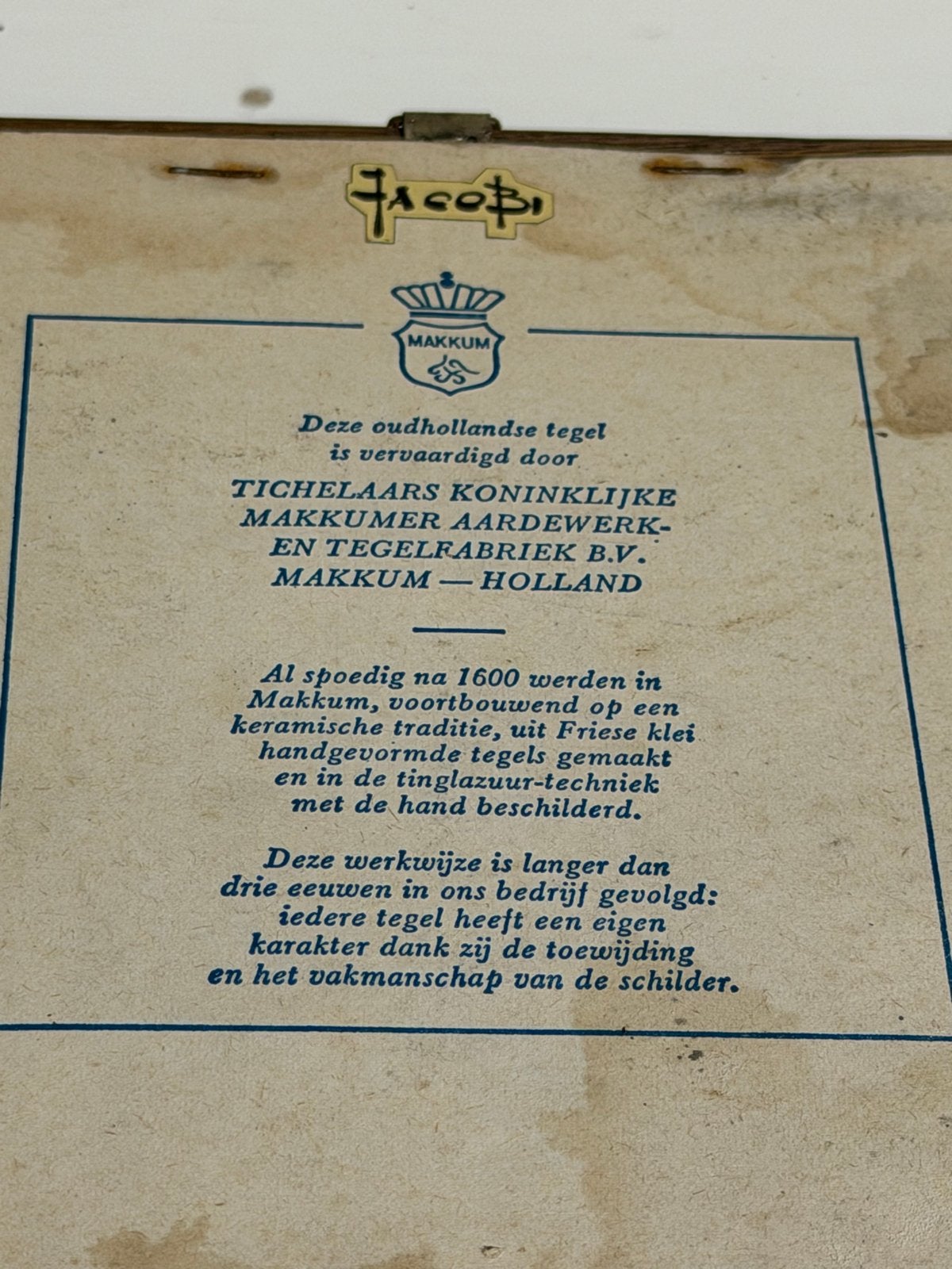 Antieke Makkumer tegel met zeilschip in houten lijst, Ophalen