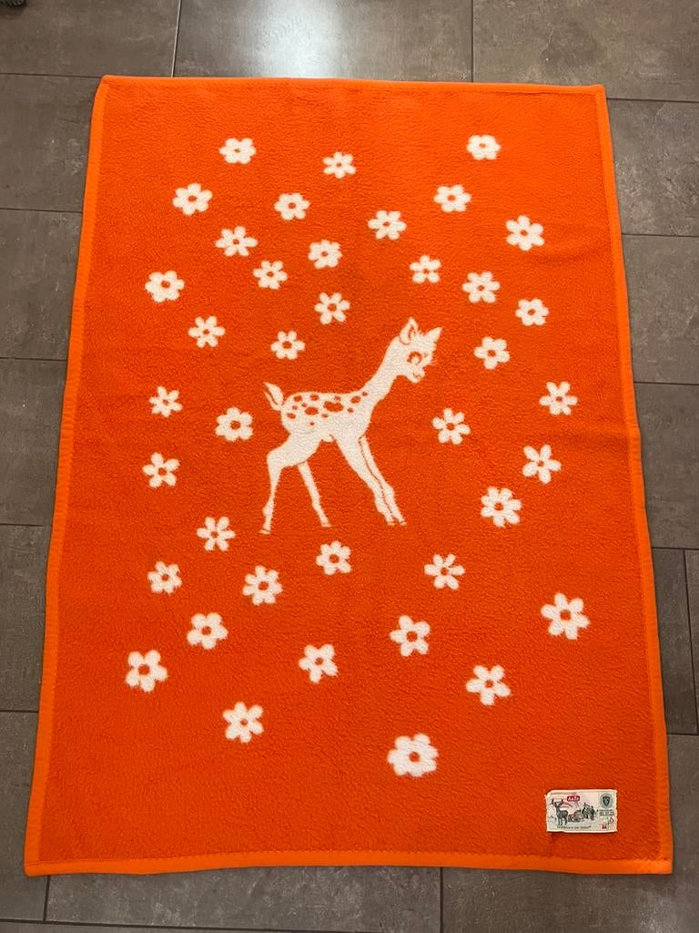 Aabe Vintage kinderdeken - dralon oranje / wit met hertje, Gebruikt, Jongetje of Meisje, Oranje, Ophalen of Verzenden