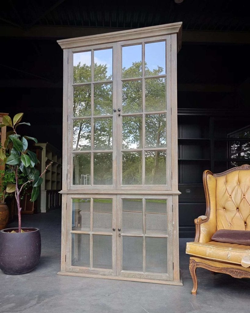 Hoge vitrinekast | Eikenhout Greywash | Servieskast #3690, Vintage / antiek, Gebruikt, 200 cm of meer, Vintage / antiek