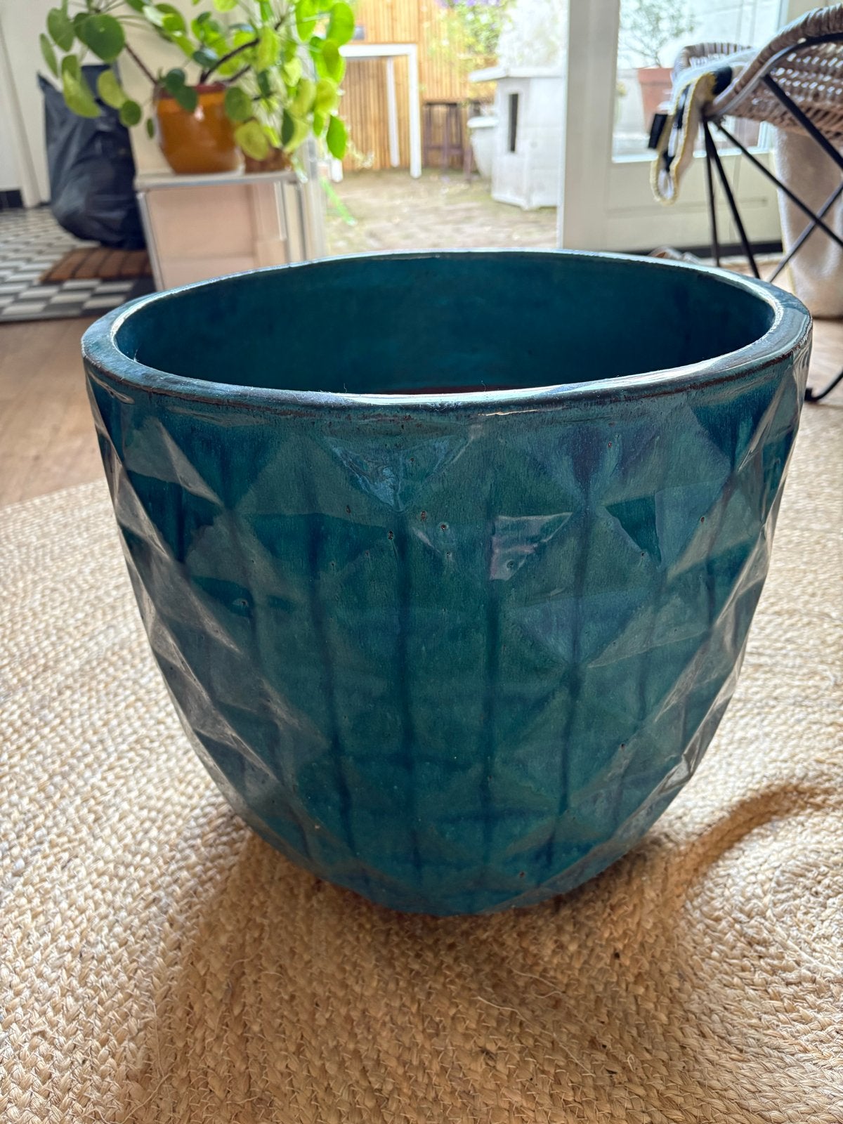 Grote turquoise bloempot H34cm Ø37cm met drainagegat, Gebruikt, Rond, Binnen, Minder dan 40 cm
