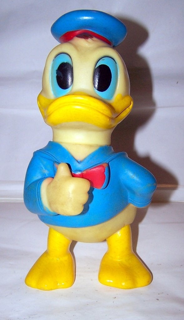 Prachtige vintage vinylplastic Donald Duck pieppop. H. 20cm., Verzamelen, Disney, Ophalen of Verzenden, Donald Duck, Zo goed als nieuw