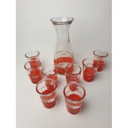 # Vintage squeeze me orange juice karaf en 8 glazen, Glas of Glazen, Gebruikt, Ophalen of Verzenden, Glas