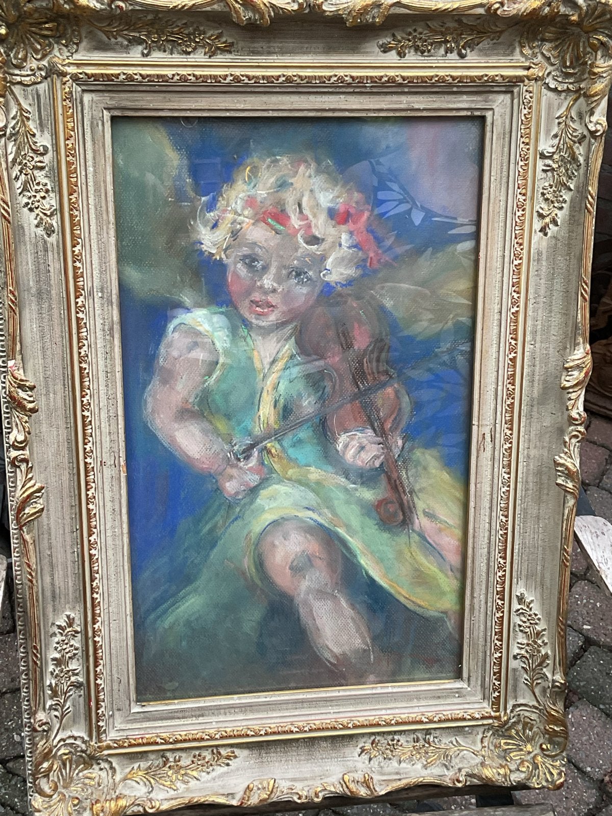 Schilderij van een engel met viool in barokke lijst, Antiek en Kunst, Kunst | Schilderijen | Klassiek, Ophalen, Doek, Portret of Personen