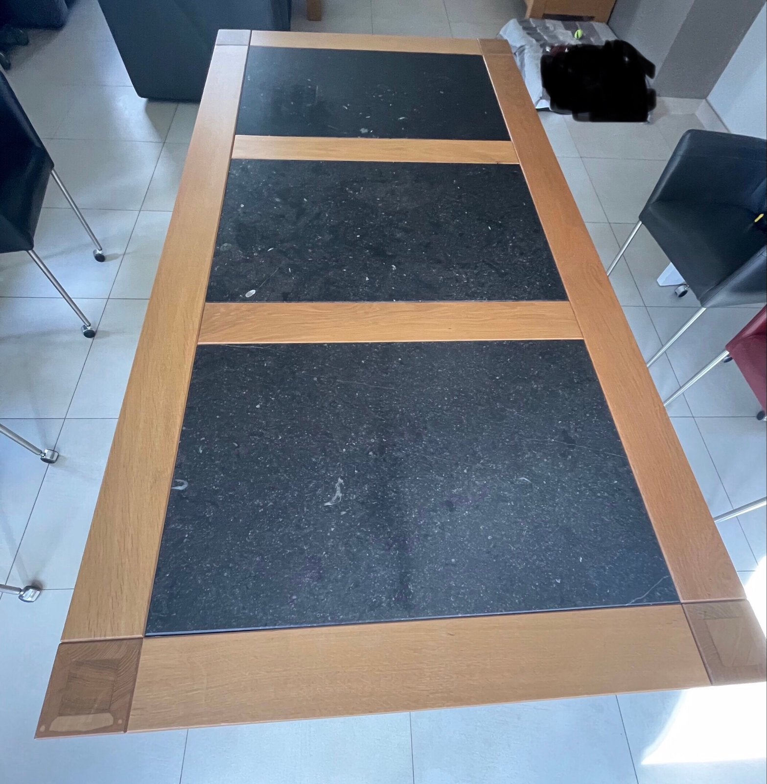Eikenhouten eettafel met 3 inleg leistenen, Ophalen, Gebruikt, Eikenhout, 50 tot 100 cm