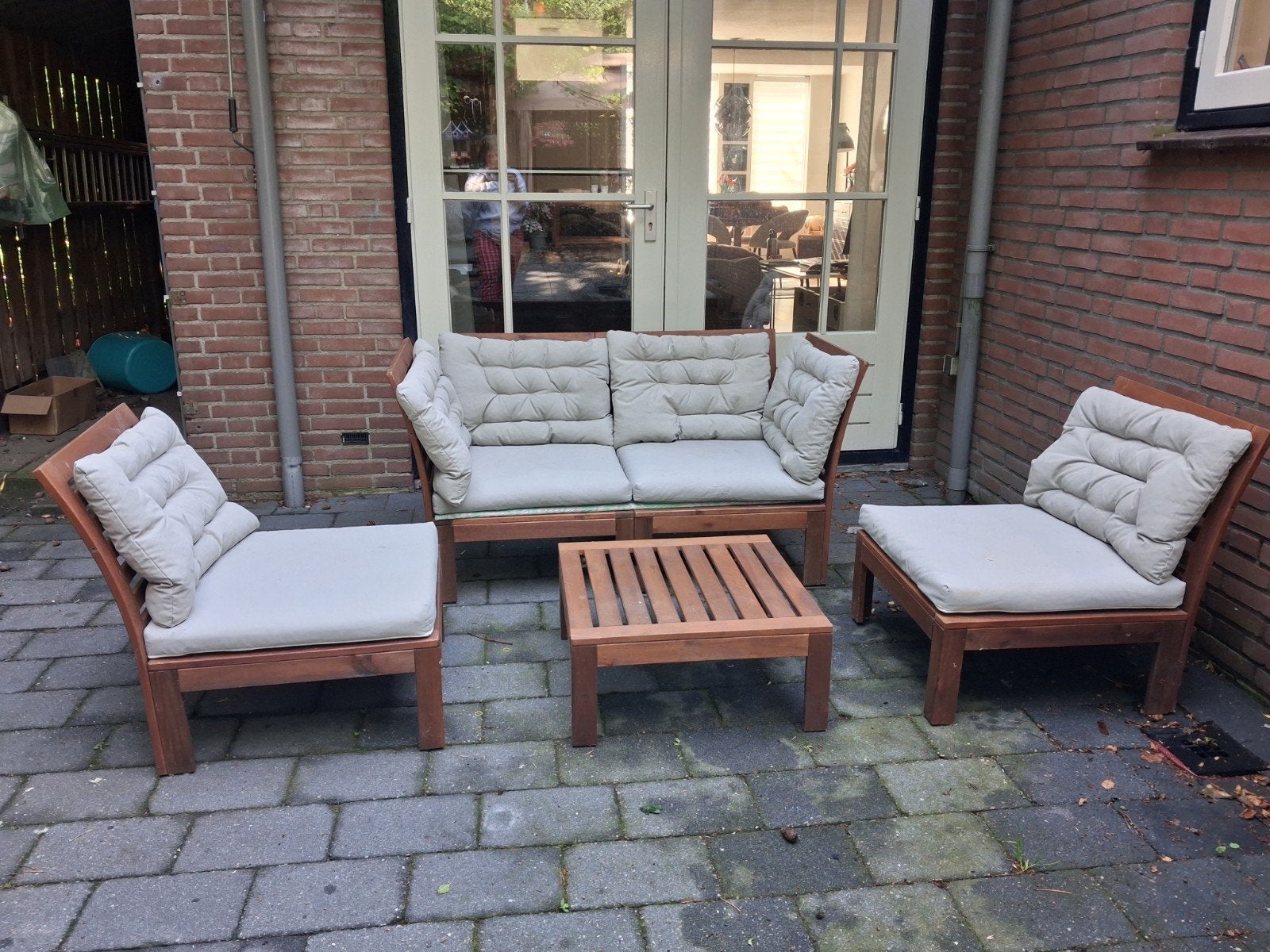 Houten tuinset met kussens (ikea), Tuin en Terras, Tuinsets en Loungesets, Ophalen, 4 zitplaatsen, Gebruikt, Bank