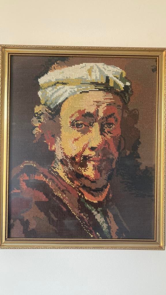 Vintage wanddecoratie borduurwerk zelfportret Rembrandt, Ophalen of Verzenden