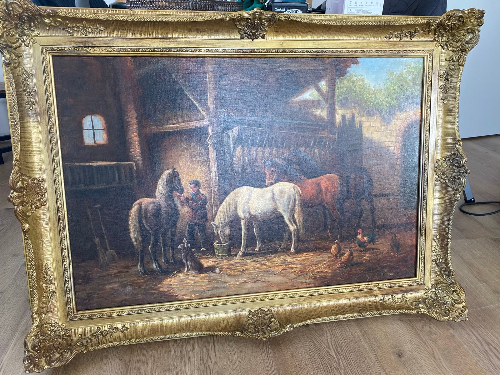 Antiek Schilderij Roosink met Paarden- aankoopbon, Ophalen, Doek, Dieren, Olieverf