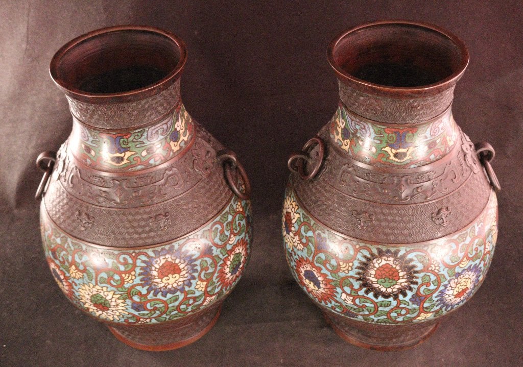 Paar antieke bronzen Japanse vazen, Ophalen of Verzenden