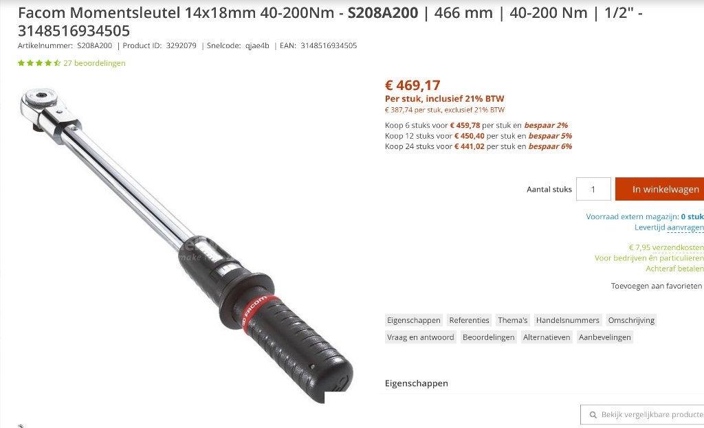 Facom momentsleutel 200Nm, Doe-het-zelf en Verbouw, Gereedschap | Handgereedschap, Ophalen of Verzenden, Zo goed als nieuw, Overige typen
