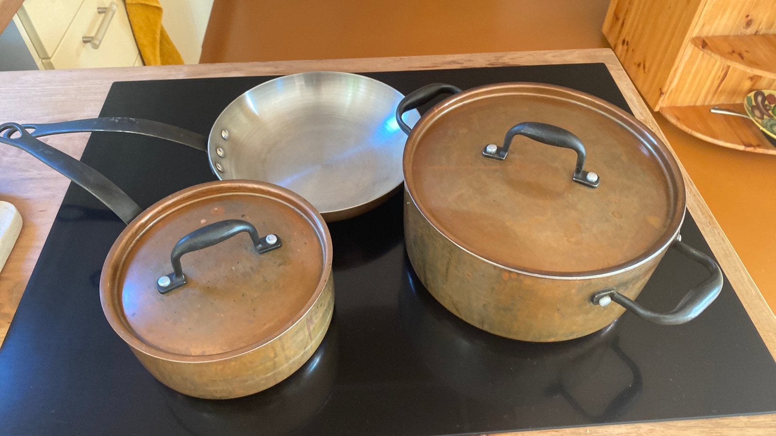 3 koperen pannen, Ophalen, Gebruikt, Overige materialen, Pannenset