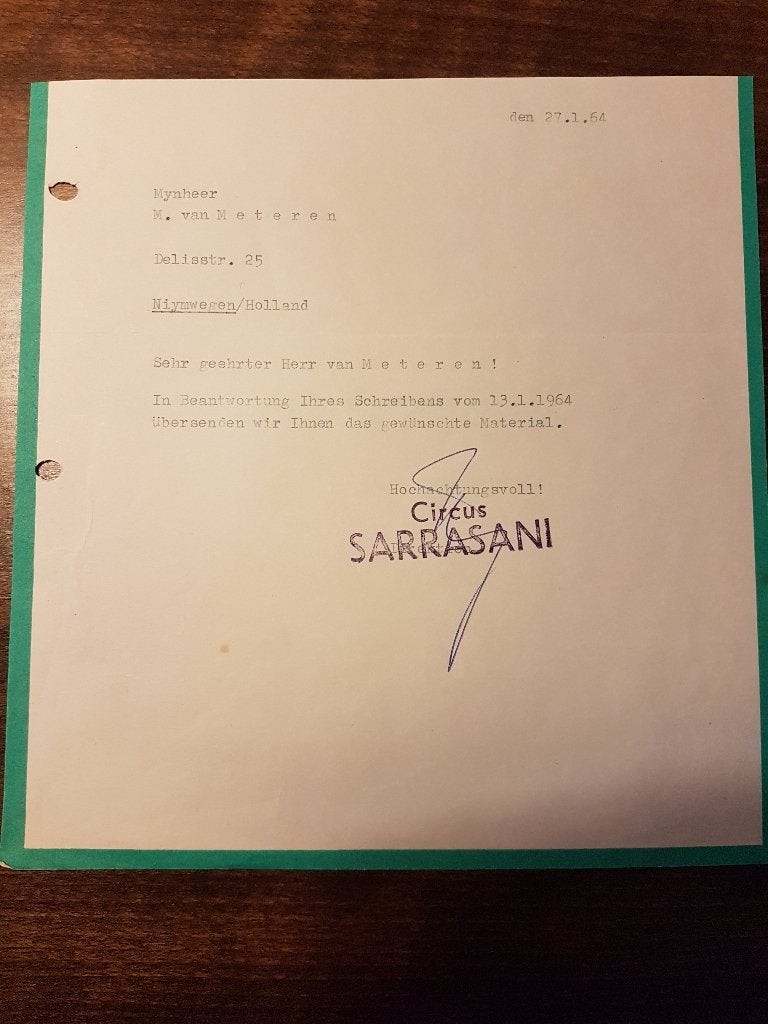 Originele brief Circus Sarrasani uit 1964, Ophalen of Verzenden, Gebruikt