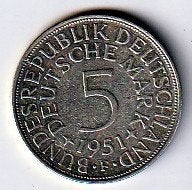 5  mark  1951  F  Duitsland. km. 112.1, Ophalen of Verzenden, Duitsland, Losse munt, Zilver