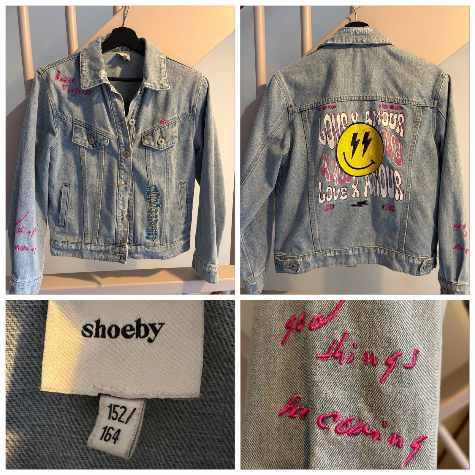 Shoeby spijkerjasje maat 164 met smiley en tekst, Ophalen of Verzenden, Zo goed als nieuw, Meisje, Jas