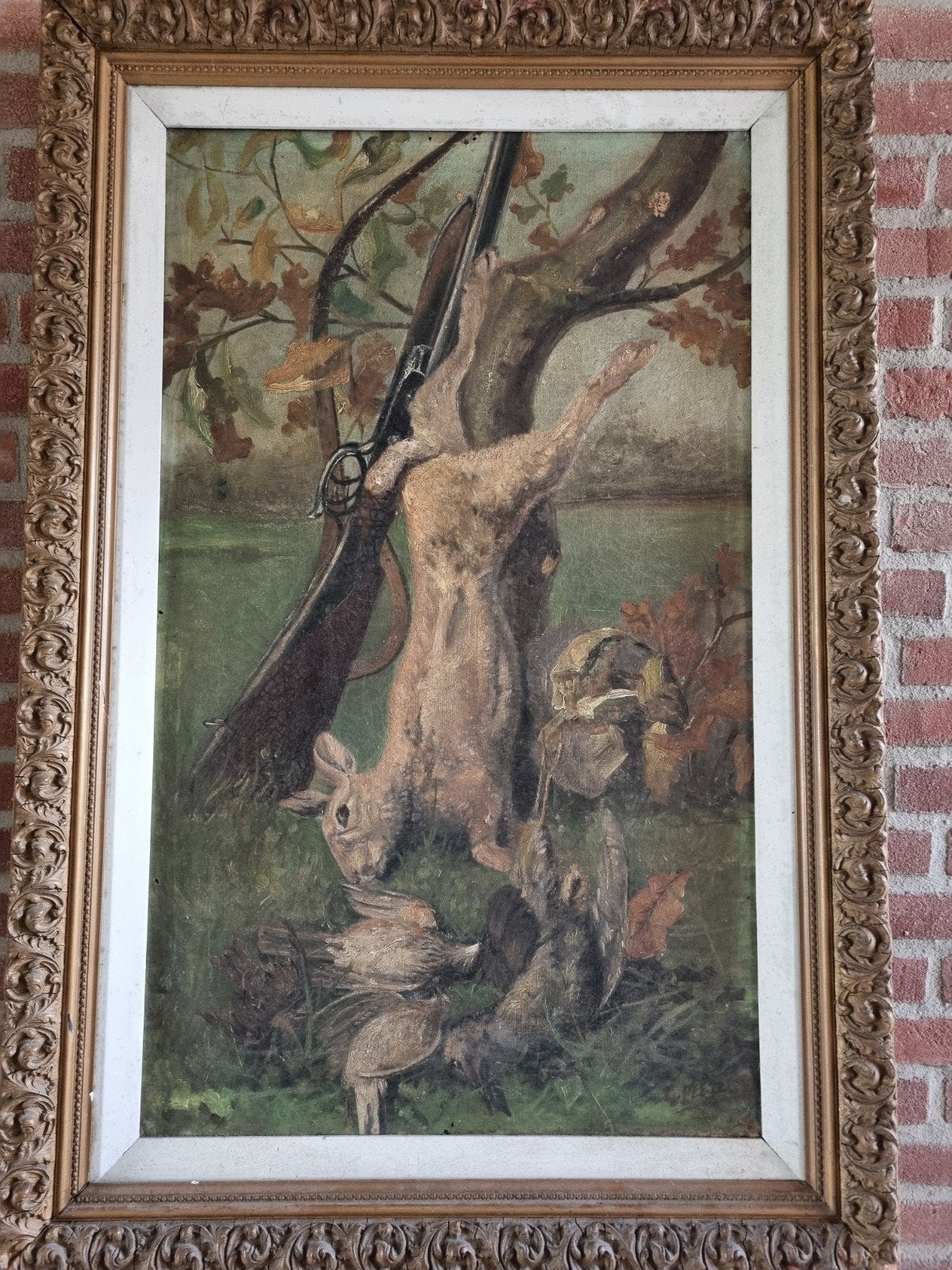 schilderij jachttafereel, Antiek en Kunst, Ophalen, Doek, Stilleven, Olieverf