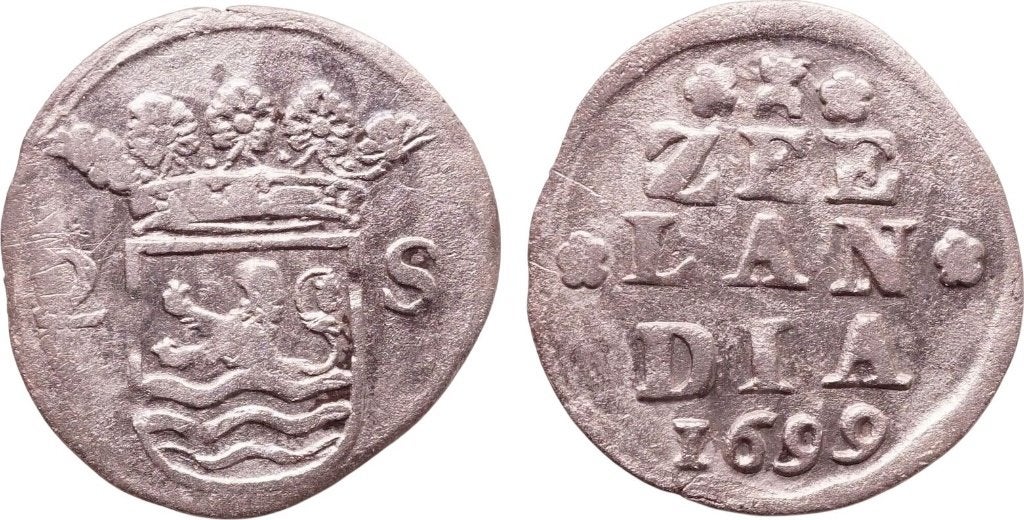 Dubbele stuiver 1699, Zeeland, provinciale munt, Postzegels en Munten, Vóór koninkrijk, Zilver, Losse munt, Overige waardes