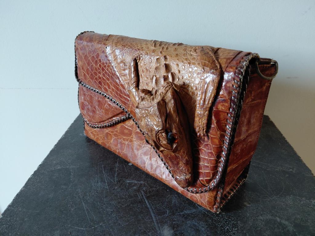Vintage Krokodillenleren Clutch, Ophalen of Verzenden, Gebruikt, Bruin, Avondtasje