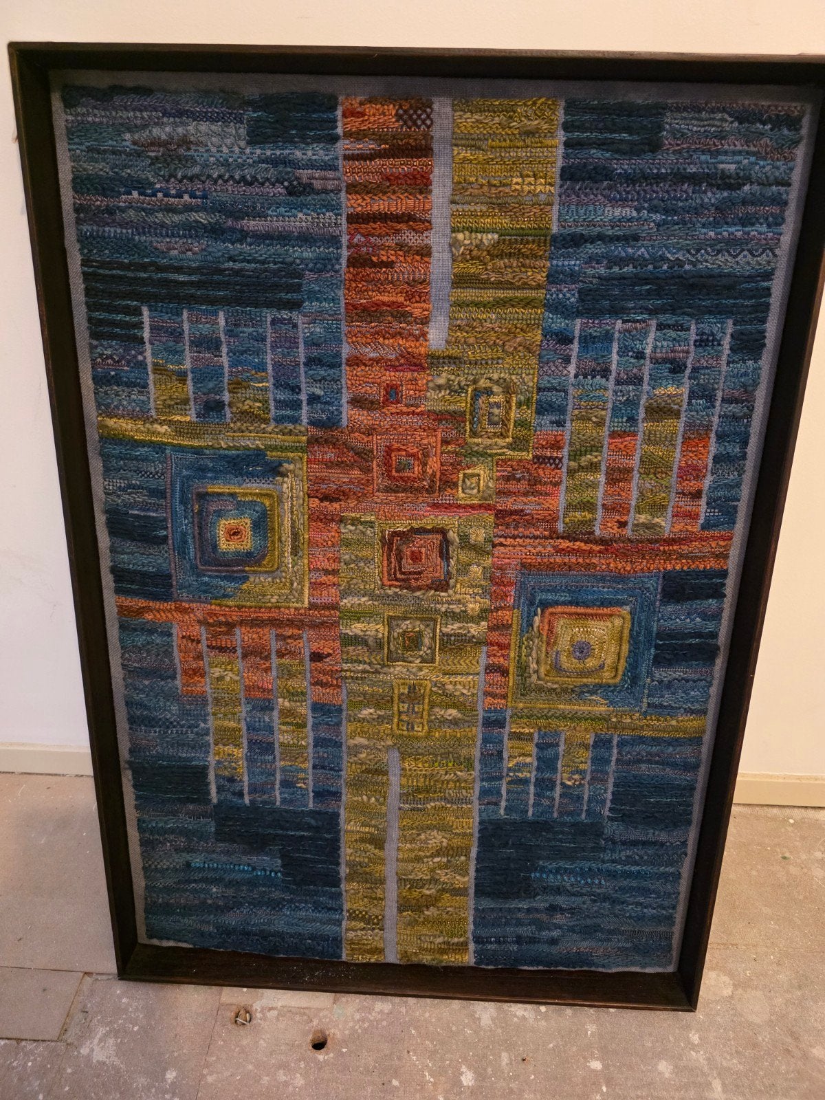 Ingelijste abstracte textielkunst met felle kleuren, Ophalen of Verzenden