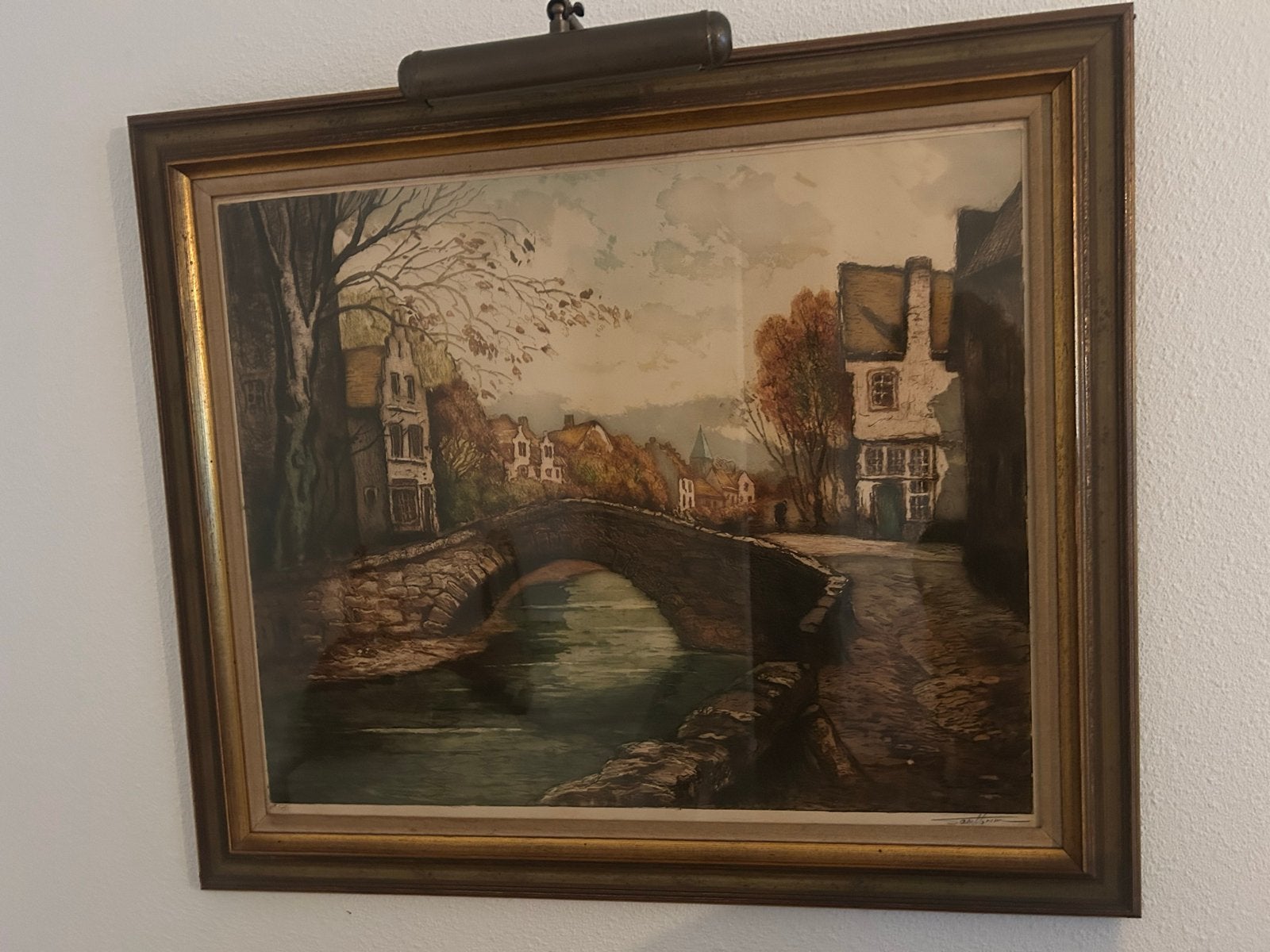 Klassiek Stadsgezicht Schilderij met Brug en Rivier, Ophalen, Doek, Gesigneerd, Olieverf