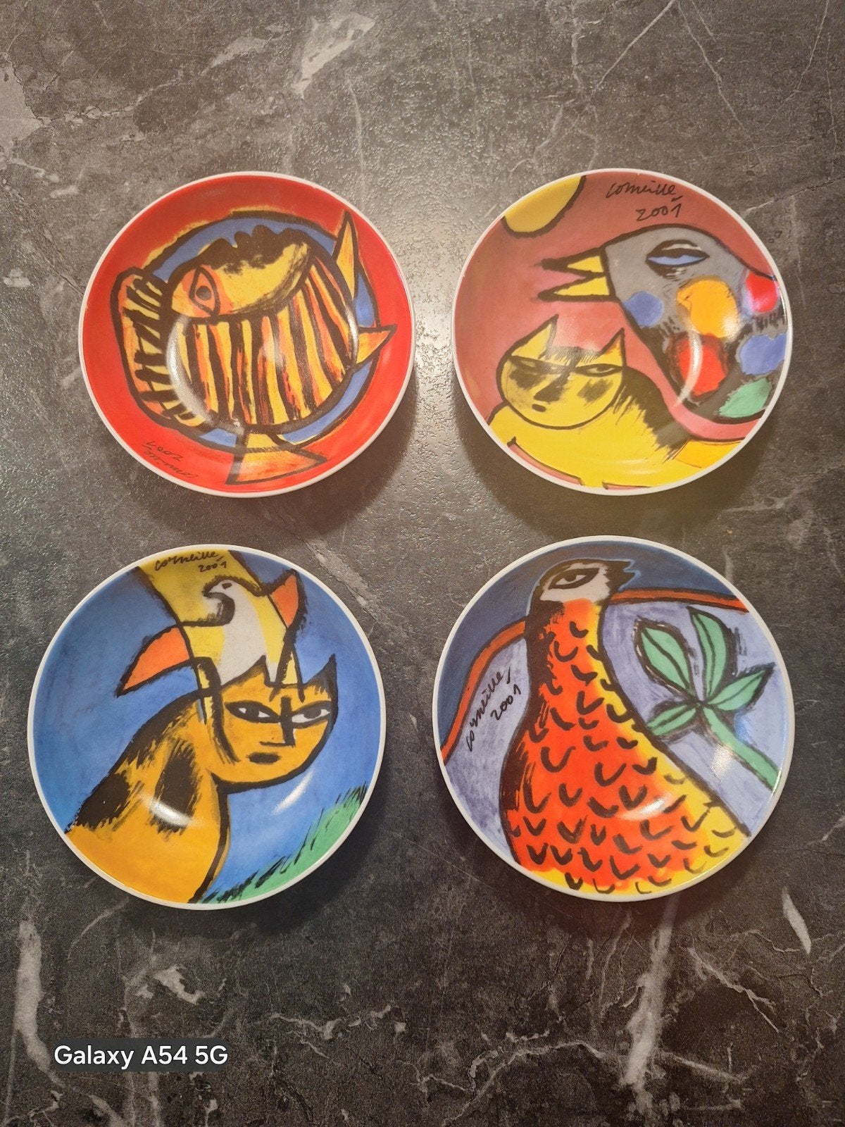 Set van 4 Corneille schaaltjes 2001 - Vissen, Katten, Vogels, Ophalen of Verzenden