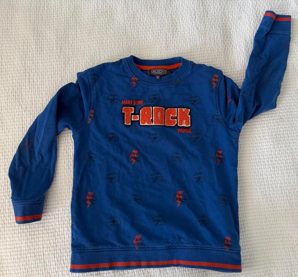 Blauwe trui met dino's en T-ROCK opdruk, maat 116, Ophalen of Verzenden, Gebruikt, Jongen, Trui of Vest