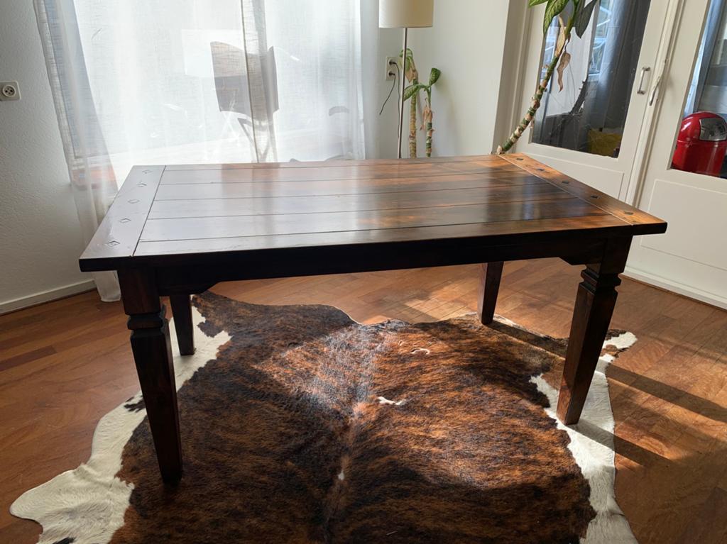 Massief houten tafel met verlengstukken, Ophalen, Zo goed als nieuw, Vier personen, Rechthoekig