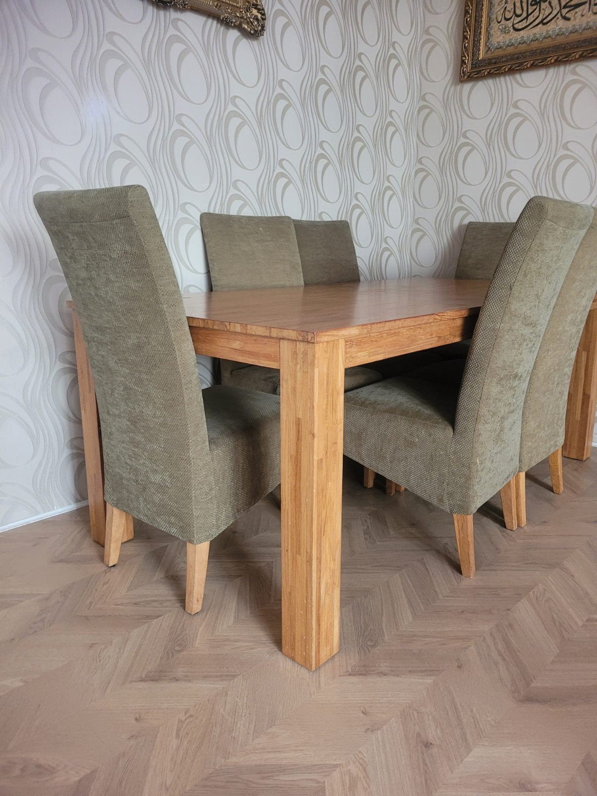 Massief houten eettafel met 6 stoelen, Ophalen, Gebruikt, 150 tot 200 cm, Vier personen