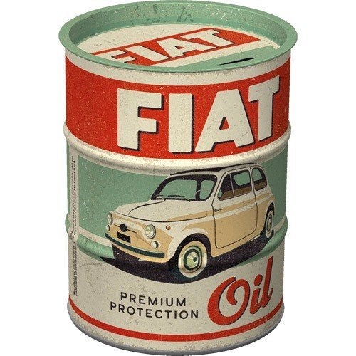 Fiat 500 auto oil barrel reclame spaarpot van metaal deco, Ophalen of Verzenden, Nieuw, Auto's