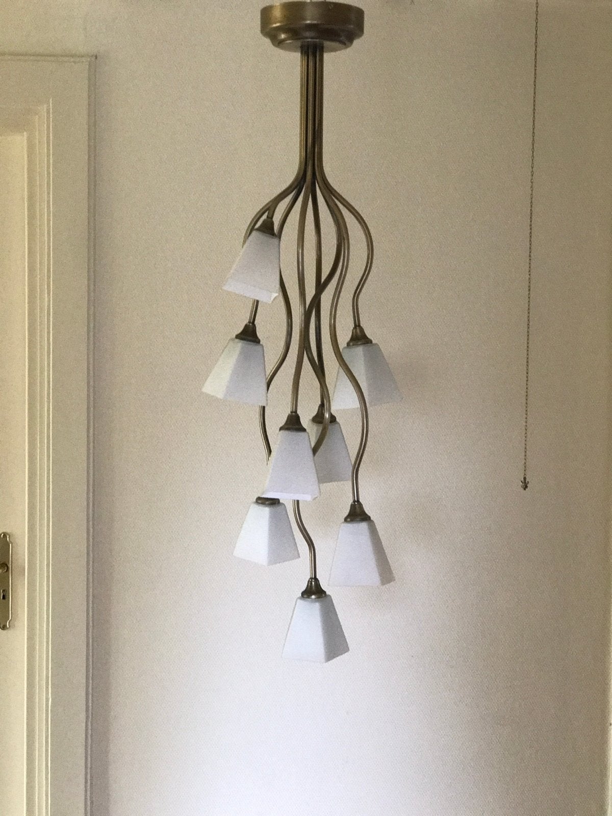 Vintage hanglamp met 8 glazen kappen - Art Deco stijl, Ophalen, Gebruikt, Glas, E14 (klein)