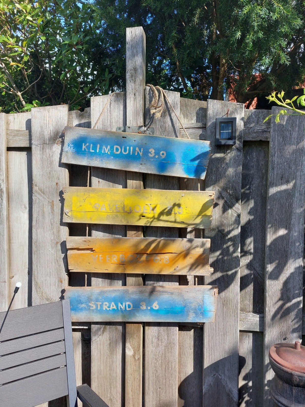 planken met tekst, strand, duin. Tuindecoratie., Ophalen