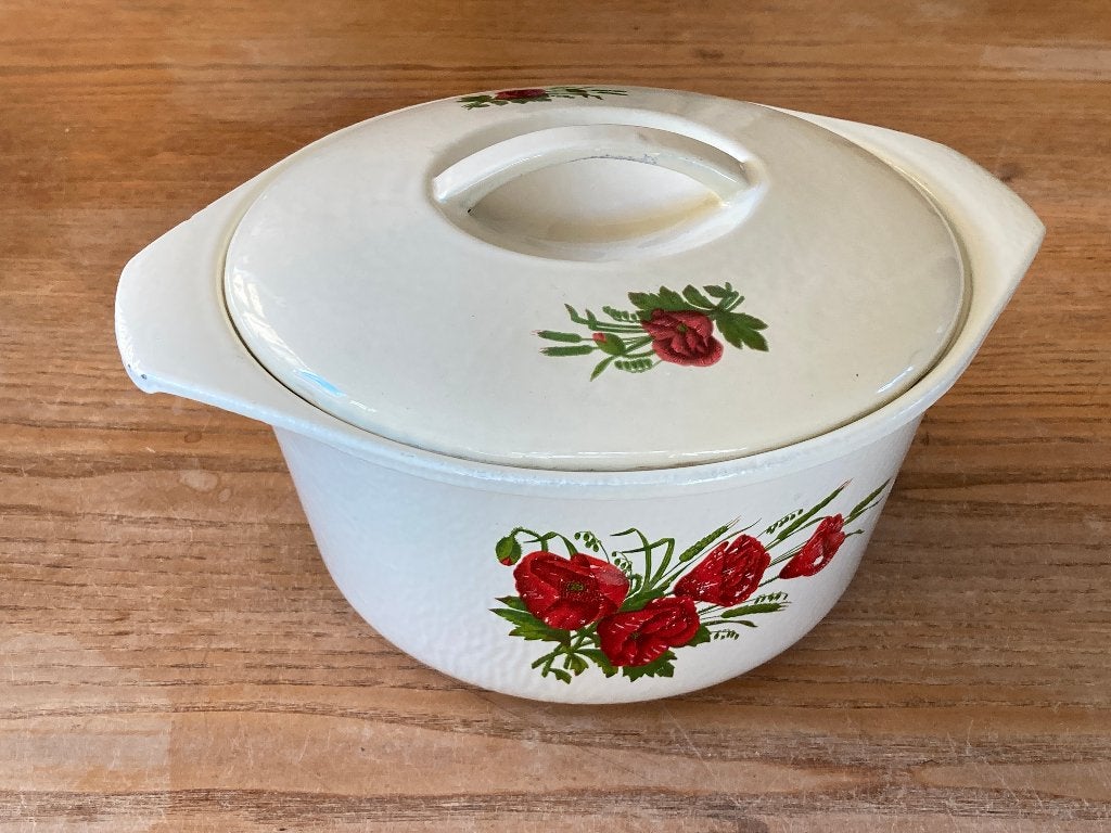 Vintage gietijzeren emaille pan lichtgeel met klaprozen, Ophalen of Verzenden