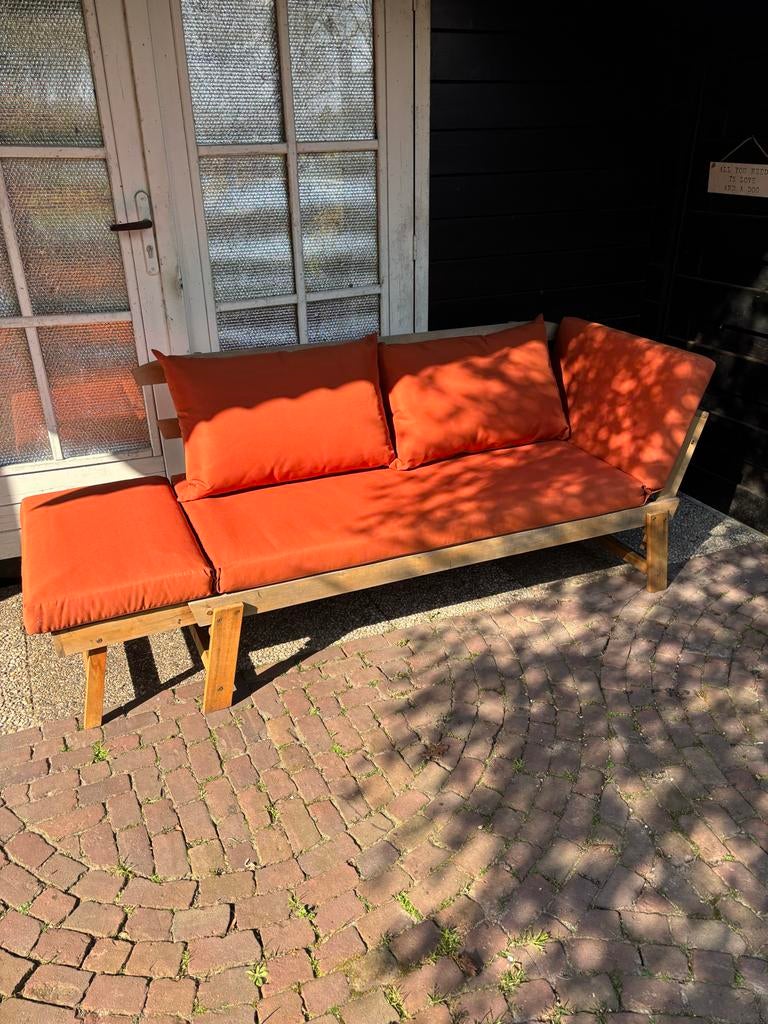 Lanterfant bank met kussens in de terra kleur, Tuin en Terras, Tuinbanken, Ophalen, Gebruikt, Hout