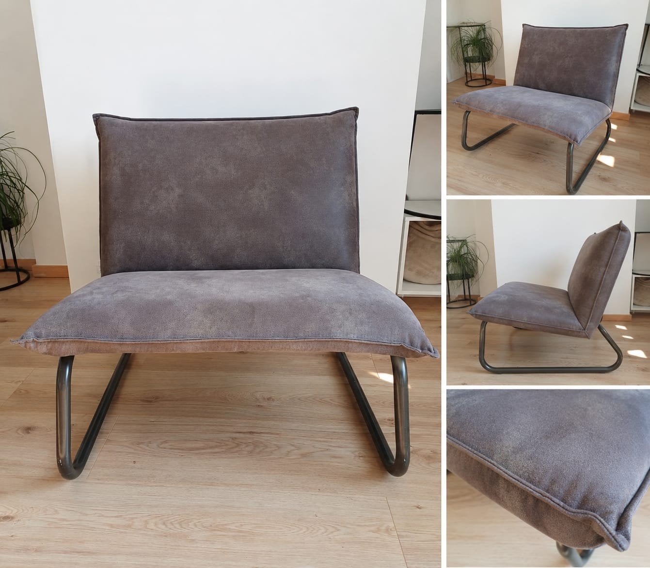 Lounge fauteuil Loods 5 - Taupe velvet-look & metaal, Huis en Inrichting, Ophalen of Verzenden, Zo goed als nieuw, Metaal, Modern, Japandi, Scandinavisch, Industrieel