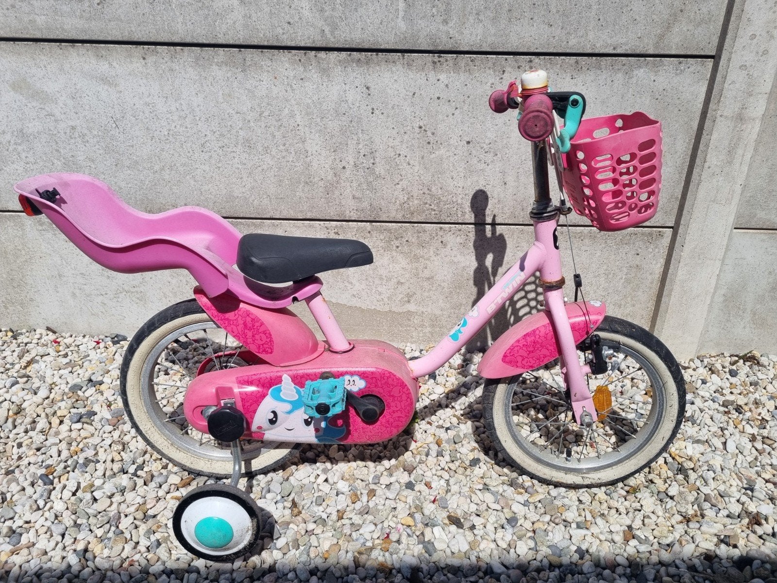 Btwin Unicorn 500 kinderfiets 14 inch met zijwieltjes, Zijwieltjes, Gebruikt, Velgrem, Ophalen of Verzenden