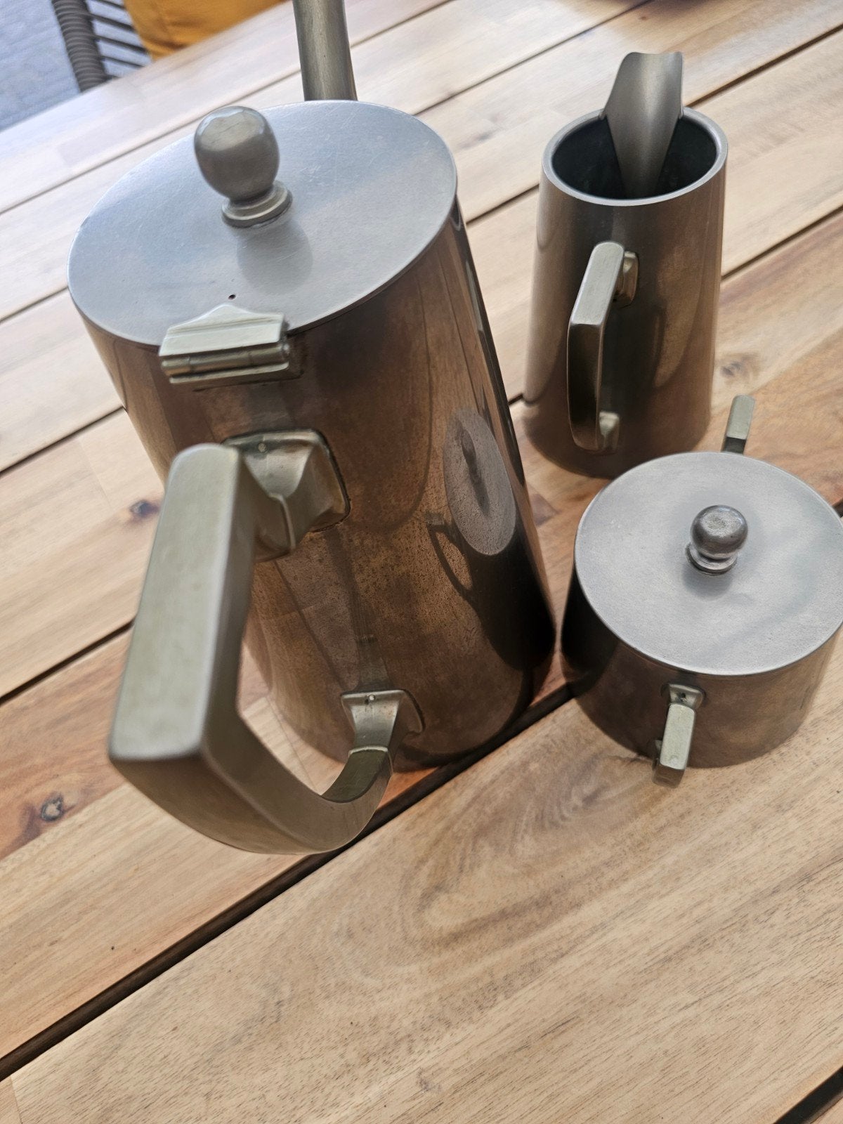 Vintage tinnen koffie- en theeservies (3-delig), Ophalen of Verzenden