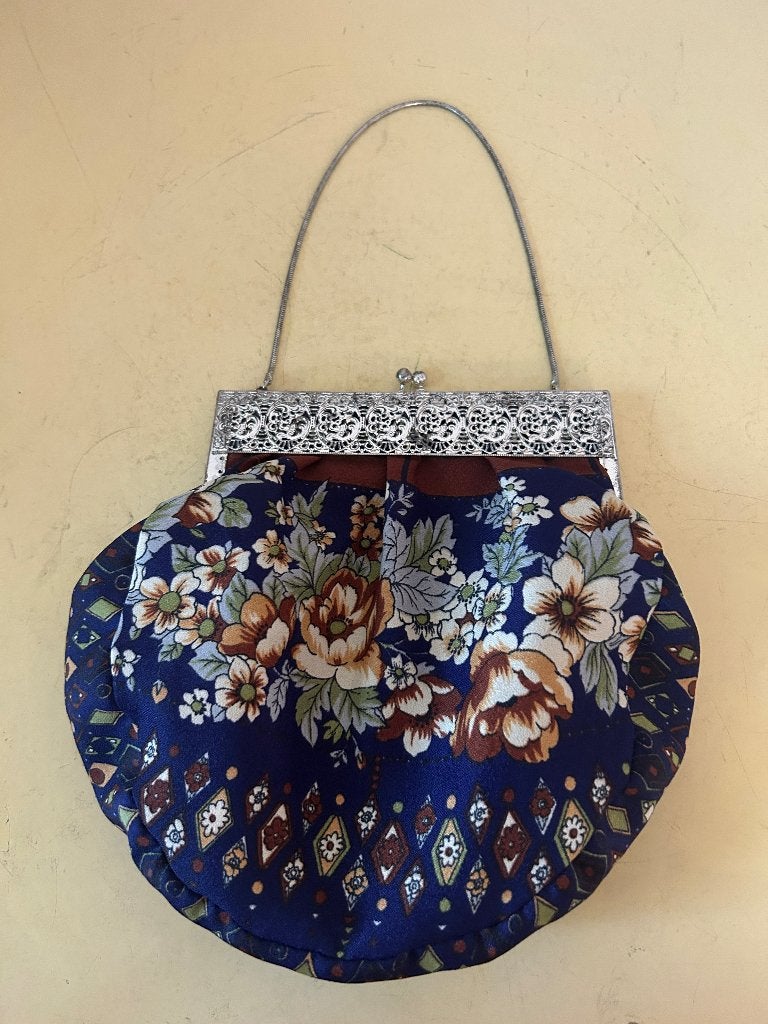 Vintage Beugeltasje Blauw met Bloemenprint | Kiss-Lock, Ophalen of Verzenden, Zo goed als nieuw, Blauw, Handtas