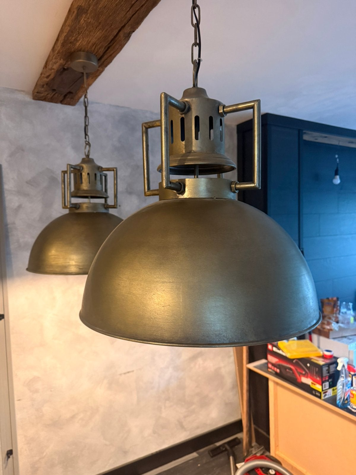 2 grote industriële metalen hanglampen – vintage brons, Ophalen, E27 (groot), Zo goed als nieuw, Metaal