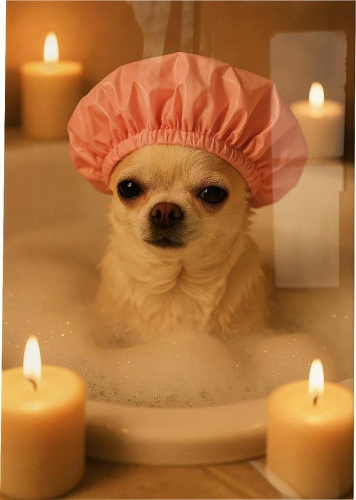 Grappig cute chihuahua hond in bubbelbad affiche poster, Verzenden
