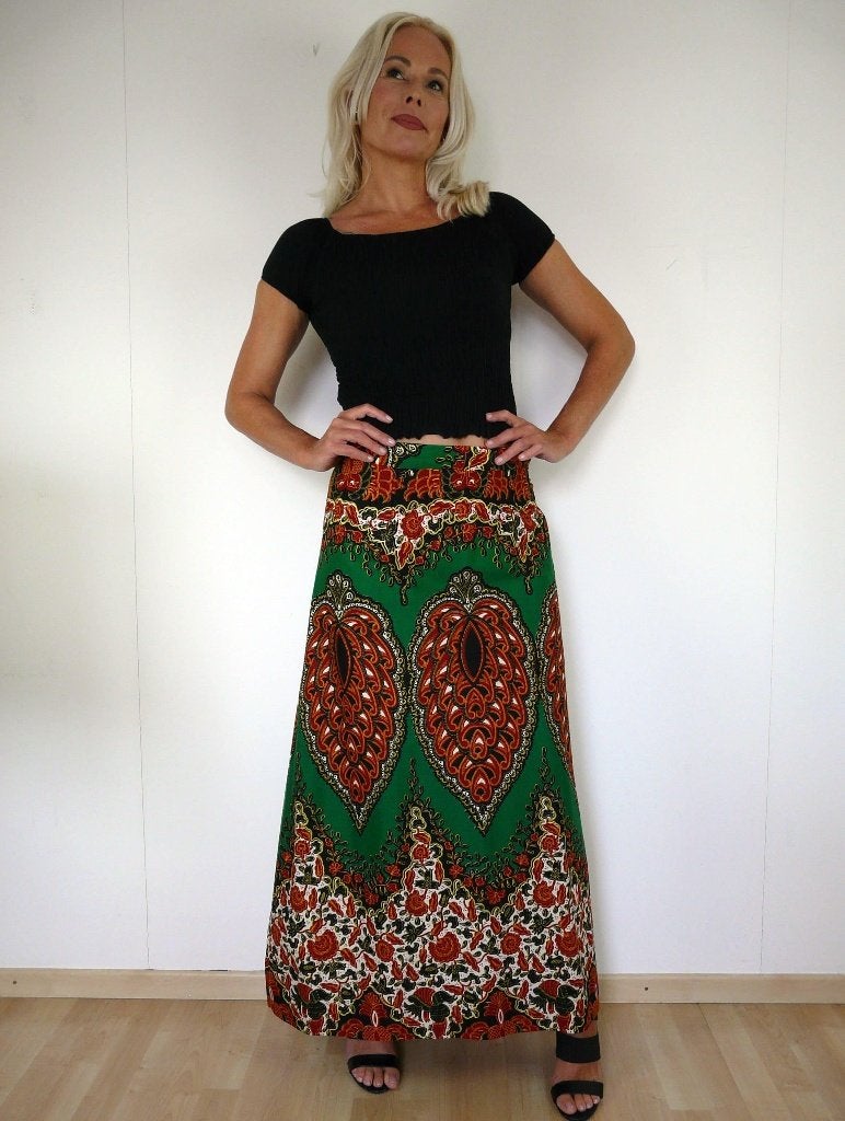 *Abfab Vintage Katoenen Maxi Rok L*, Kleding | Dames, Jurken, Zo goed als nieuw, Maat 42/44 (L), Groen, Onder de knie, Ophalen of Verzenden