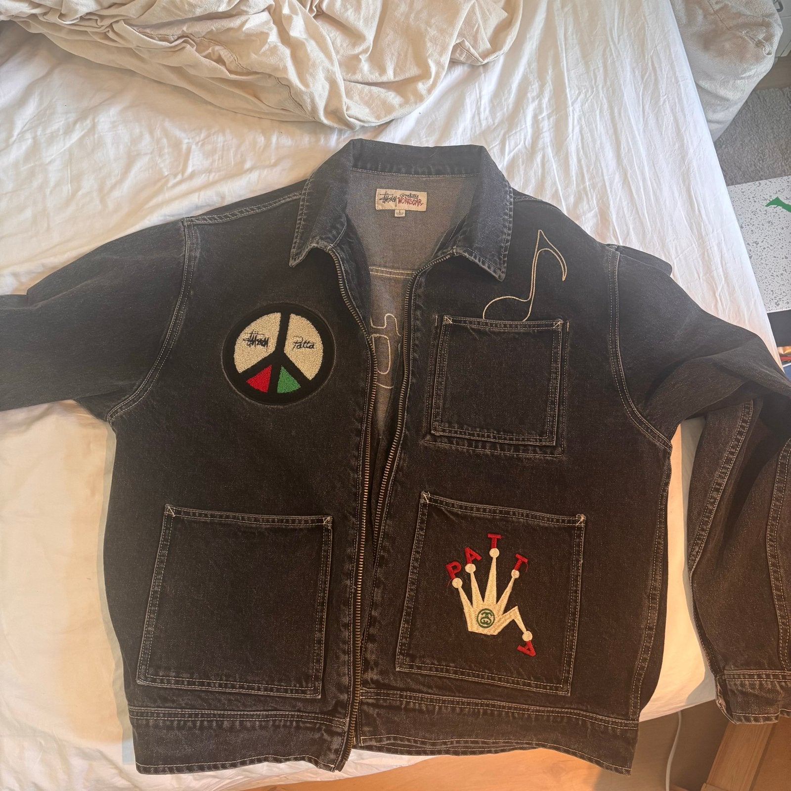Stussy x Patta Denim Jacket Zwart - Maat L, Ophalen of Verzenden, Gedragen, Maat 52/54 (L), Zwart