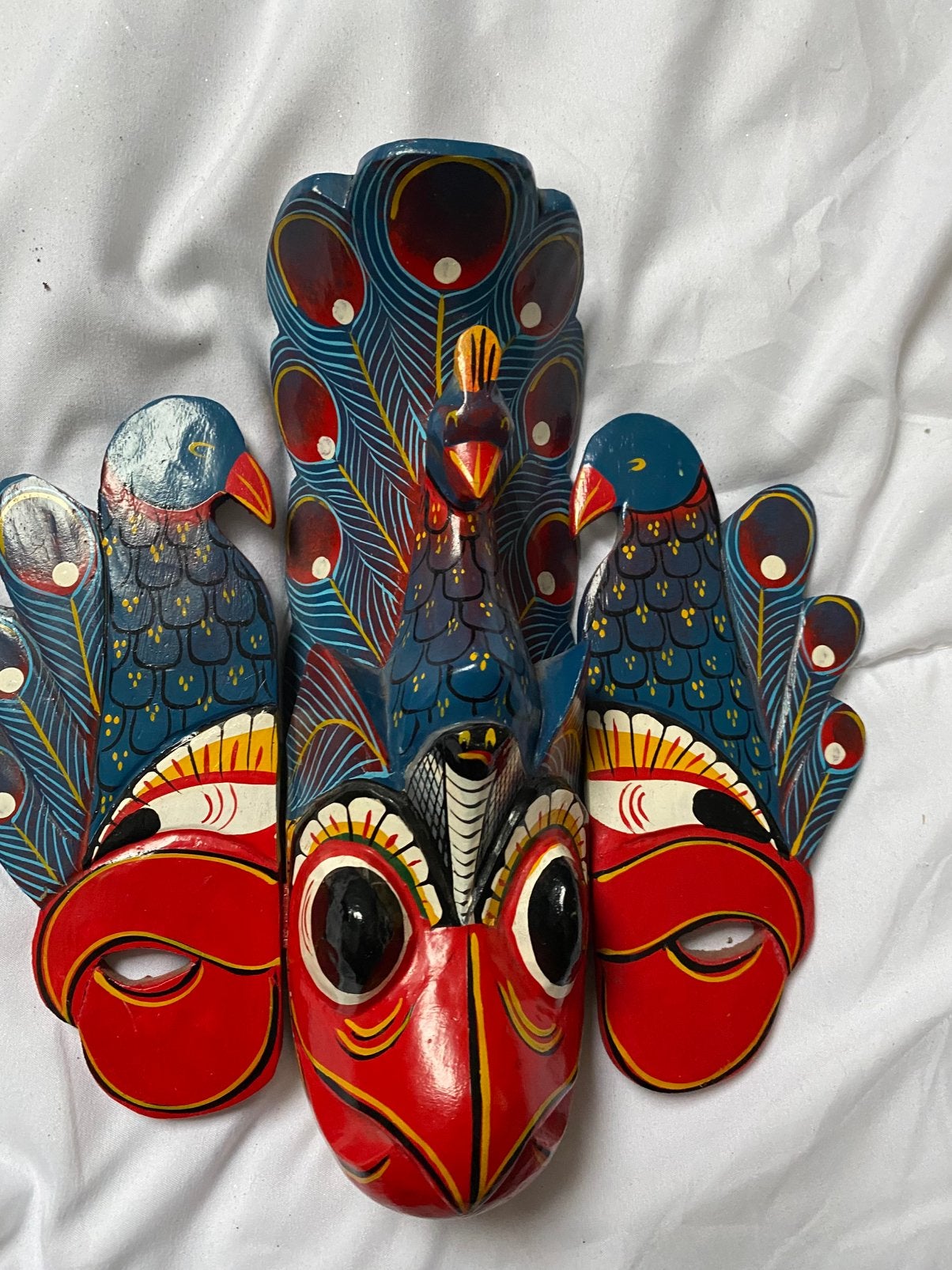 Masker pauw/pauwen, hout, beschilderd, Sri Lanka, Ophalen