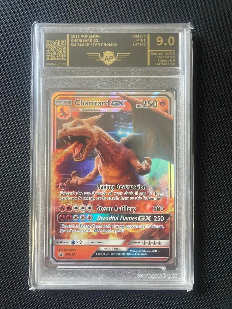 Charizard GX SM195 AP Graded 9.0 Pokémon Kaart, Ophalen of Verzenden, Zo goed als nieuw, Losse kaart