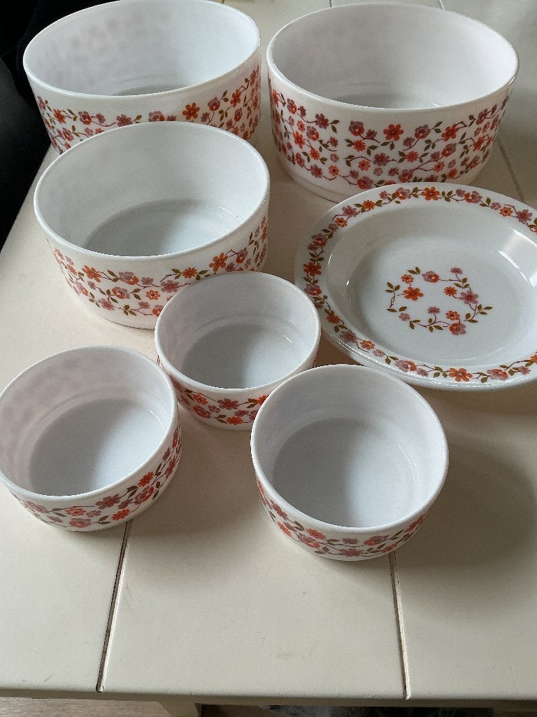Pyrex schalen vintage wit met oranje roze bloementjes, Ophalen of Verzenden