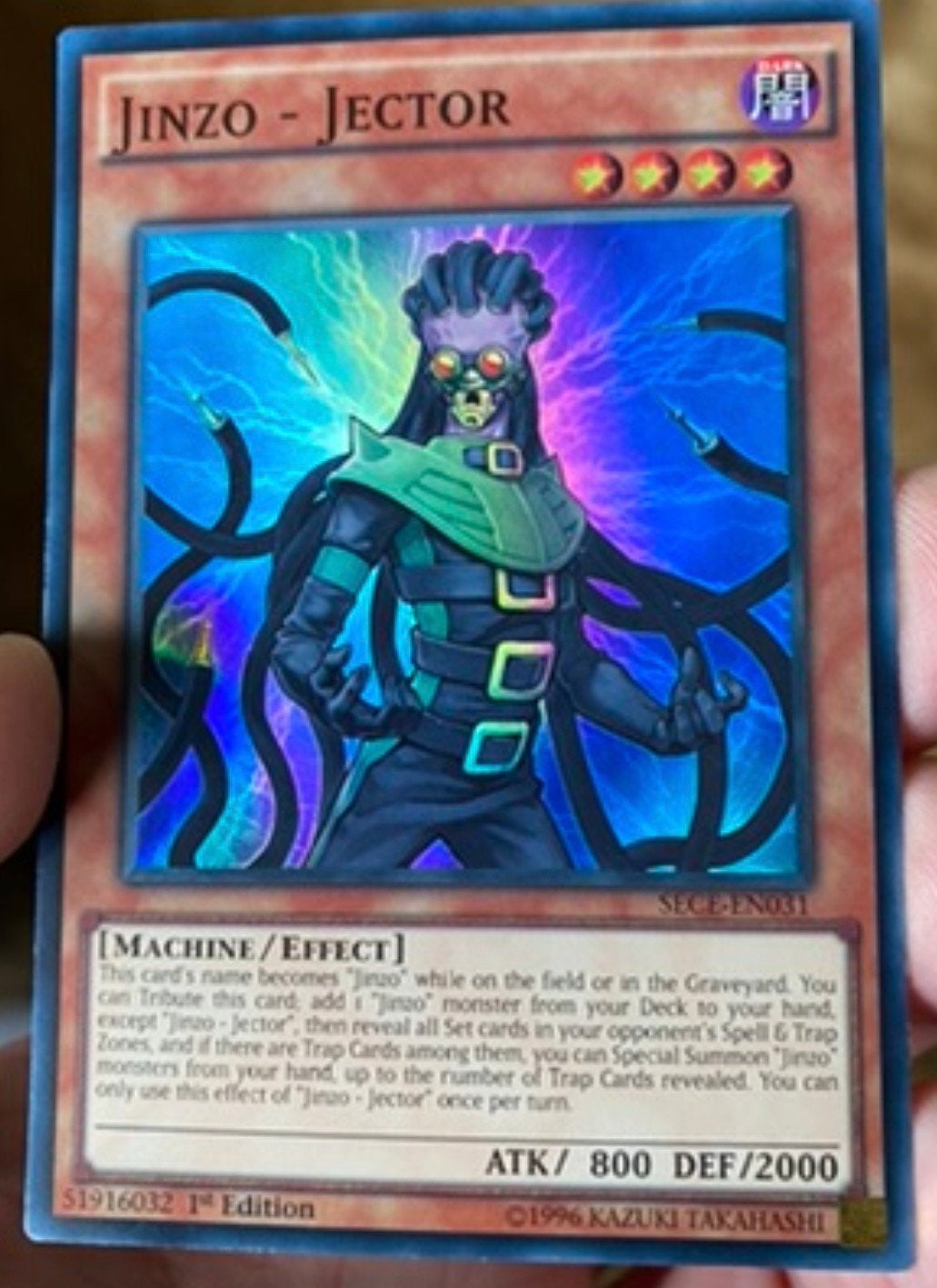 Yu-Gi-Oh! Jinzo - Jector SECE 1st Edition !, Ophalen of Verzenden, Zo goed als nieuw, Losse kaart, Foil