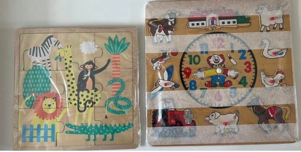 Houten puzzels: Dieren en Boerderij/Klok (2 stuks), 2 tot 4 jaar, 10 tot 50 stukjes, Nieuw, Ophalen of Verzenden