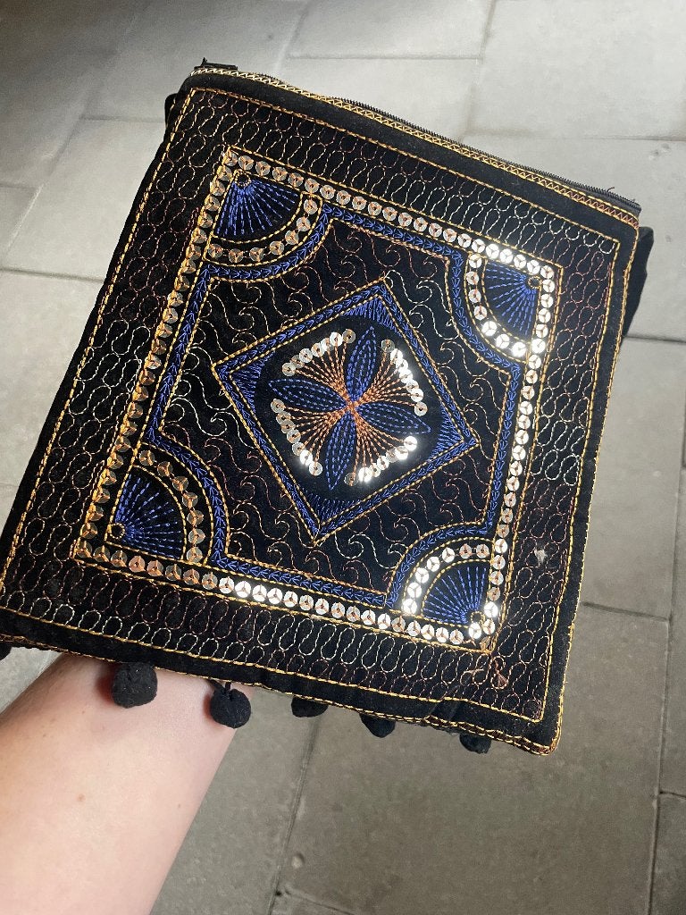 Handtas met pompons en pailletten, Ophalen of Verzenden, Zo goed als nieuw, Zwart, Handtas