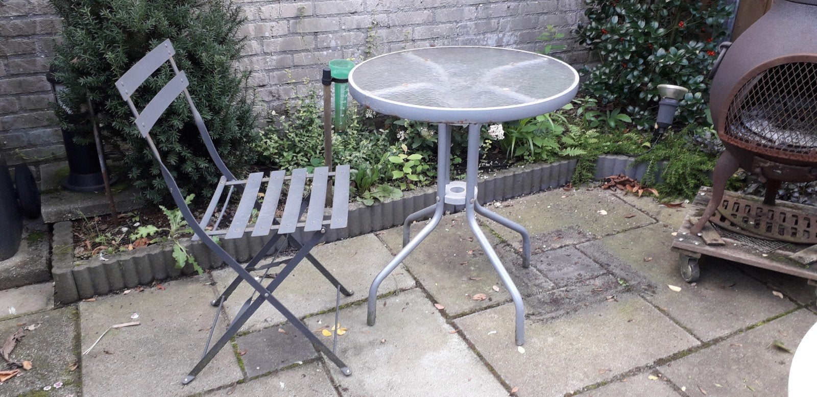 Bistrotafeltje met stoel., Ophalen, Gebruikt, Metaal, Inklapbaar