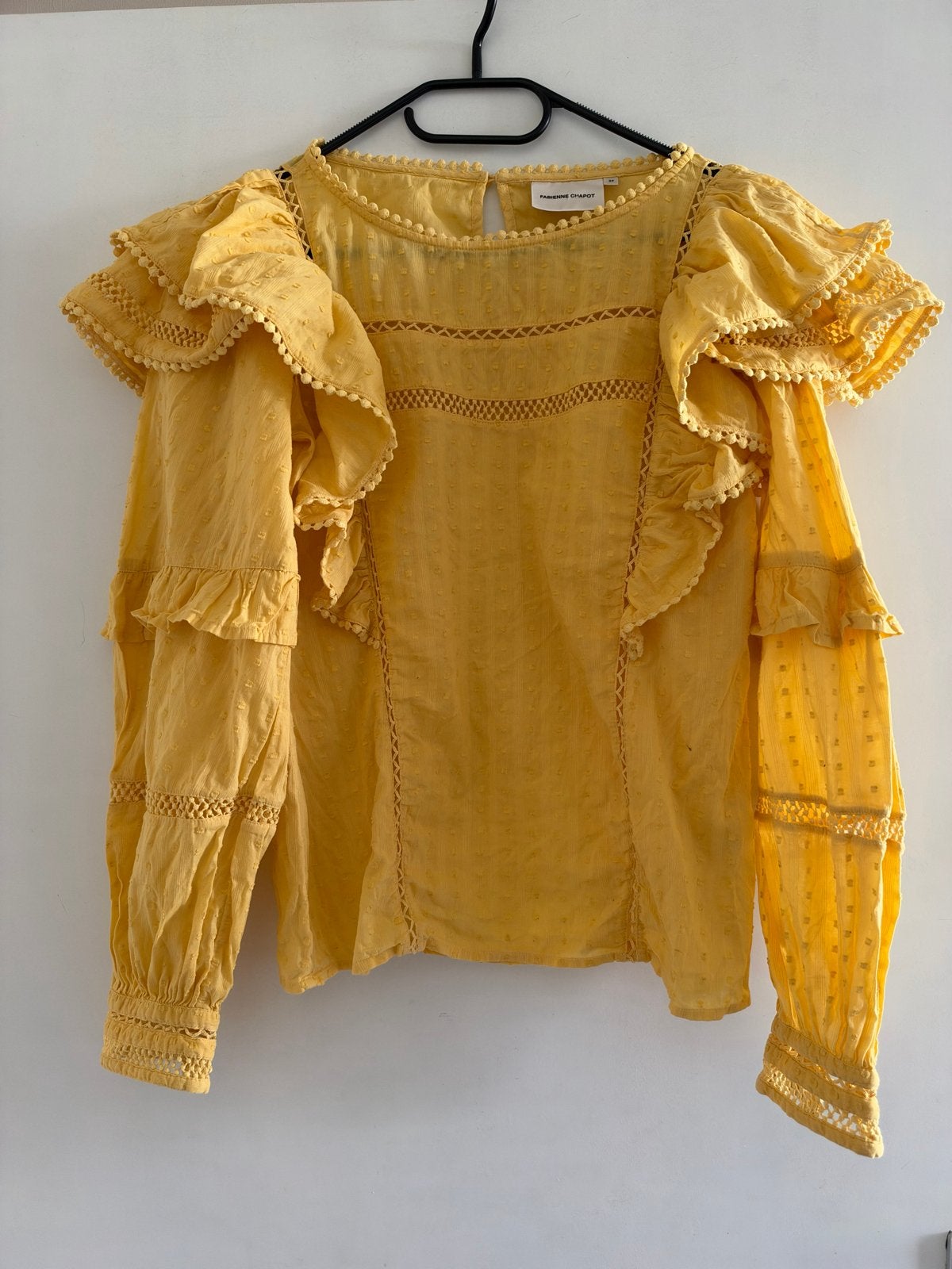 Fabienne Chapot blouse met ruches en broderie - Maat 34, Verzenden, Zo goed als nieuw, Maat 36 (S), Geel