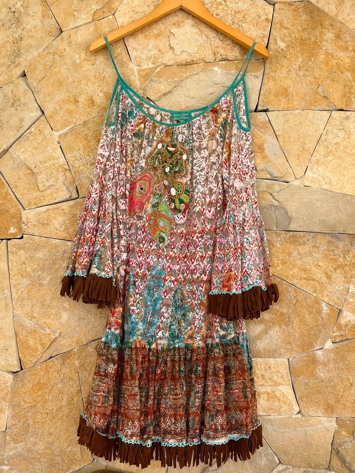Boho jurkje met franjes Ibiza stijl met borduursels, Maat 38/40 (M), Wit, Nieuw, Ophalen of Verzenden